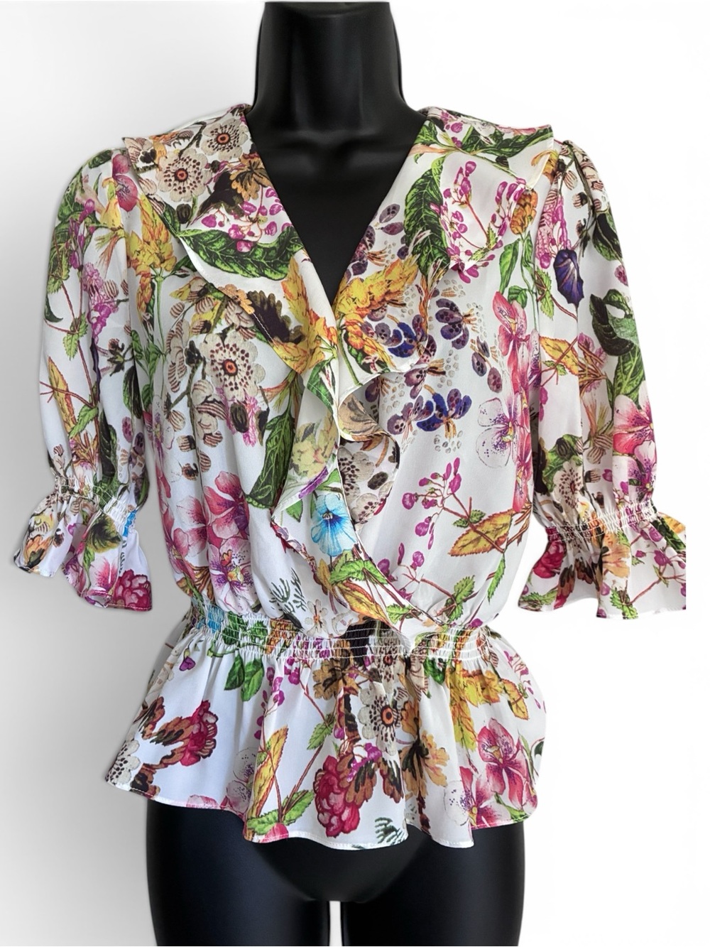 Milkmaid Romantic Summer Floral Ruffle Smocked V-Neck Peplum Blouse Sz XS